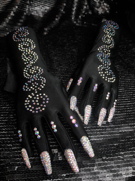 Black satin Full bling Nail gloves